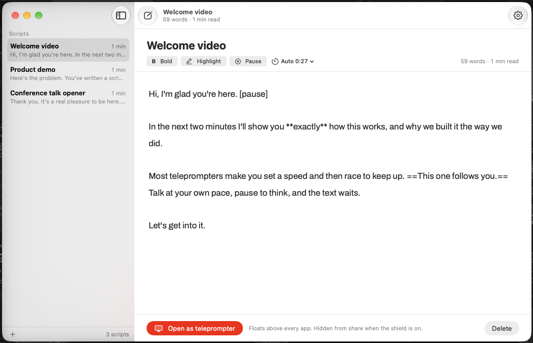 cue on first launch, inviting you to write a new script or load the samples.