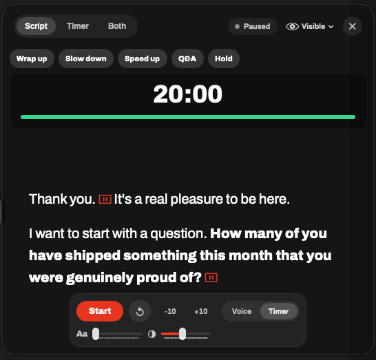 The floating cue overlay: a countdown clock, the script with the current phrase emphasised, and transport controls.